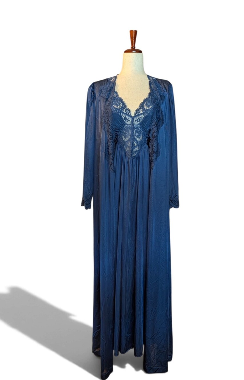 Women's Navy Blue Lace-Trim Long Nightgown